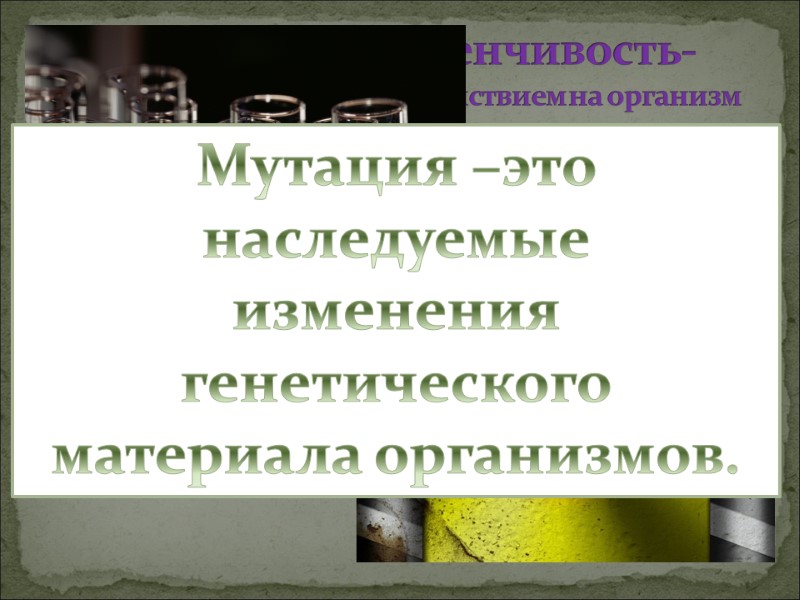 Мутагены бывают физические (радиационное излучение)  химические мутагены (гербициды) и биологические (вирусы). Мутационная изменчивость-